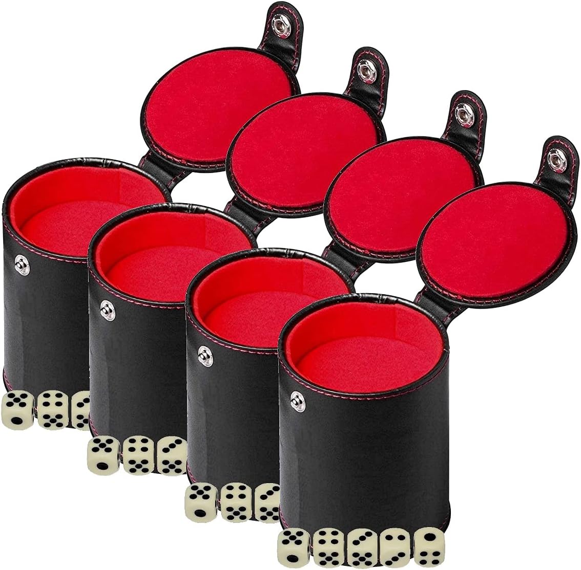 Cyber-Deals Black PU Leather Red Felt Lined Dice Cup with Storage Compartment + 15mm Ivory Tone Pip Dice (4 Sets)