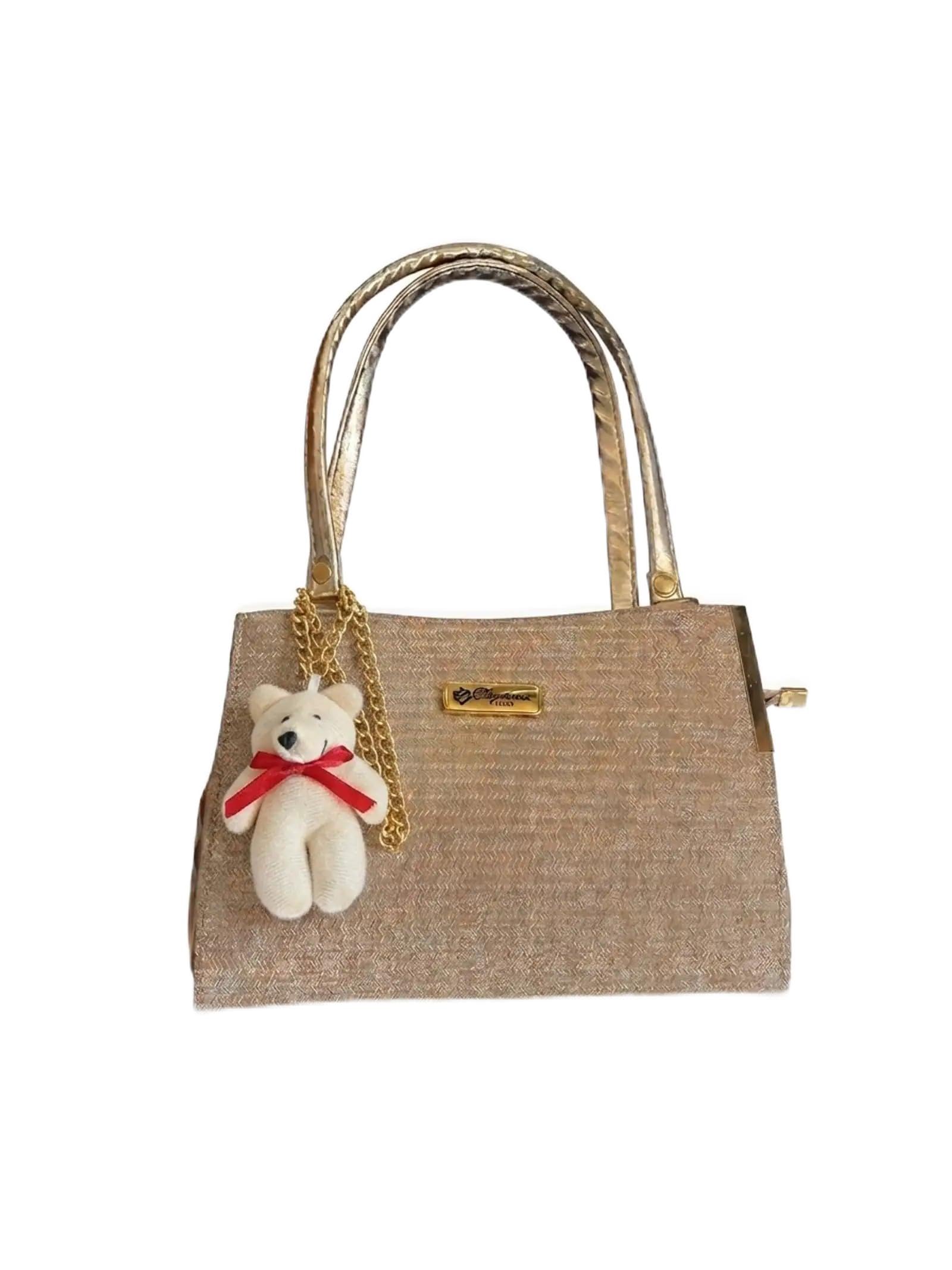 Women's Structured Handbag with Teddy Bear Charm, Golden Handles, Stylish Shoulder Bag for Women, Elegant Tote Purse for Office, Shopping, Travel & Everyday Use-image-14