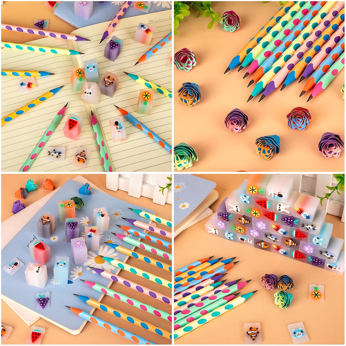64 PCS Lapices con Gomas Niños Regalo,32 Gomas de Borrar Divertidas kawaii + 32 Lapices Triangulares Niños,Regalos Cumpleaños Niños Colegio,Detalles Regalo Invitados Infantiles
