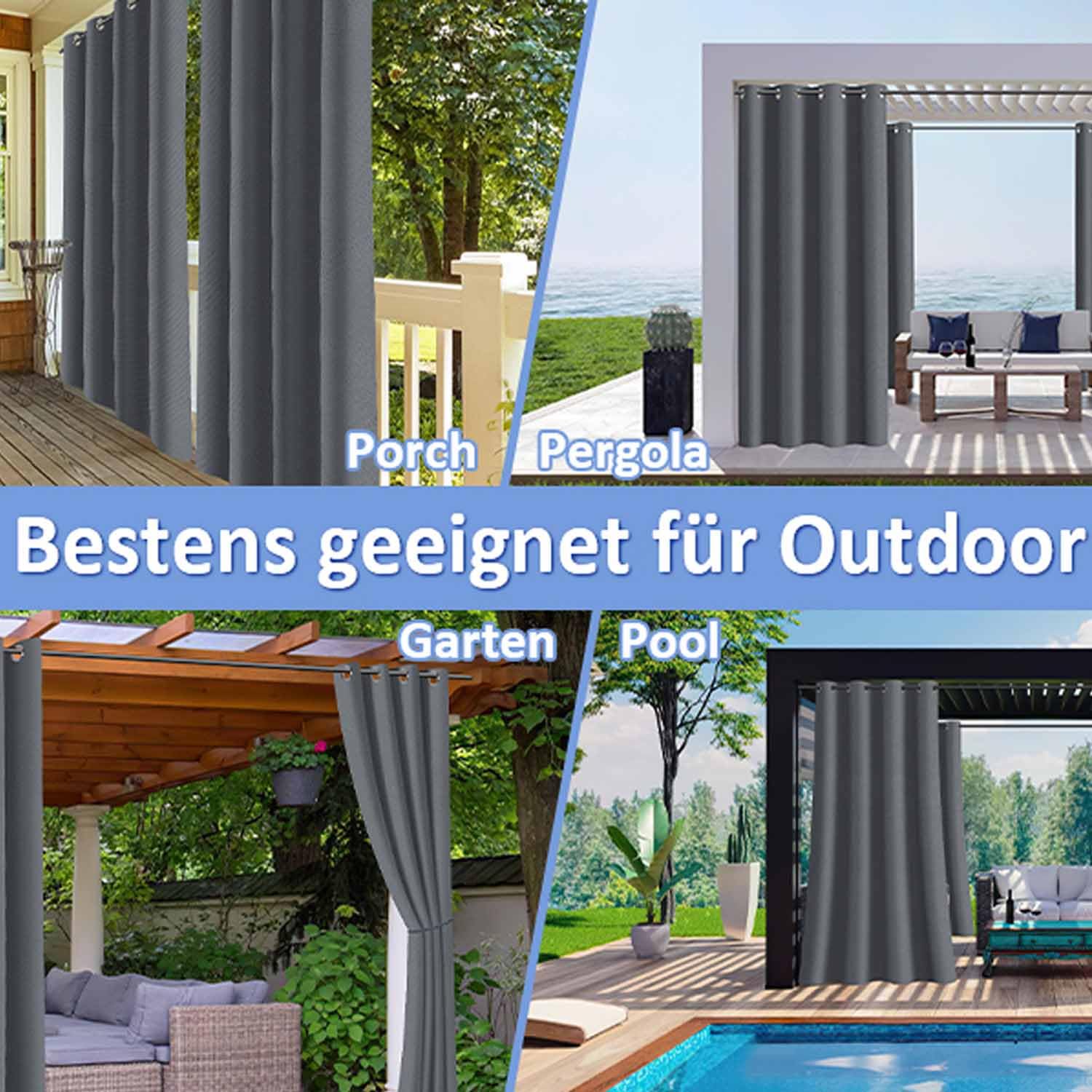 Fiqops Garden Outdoor Vorhang Wetterfest, Outdoorvorhänge mit Ösen(1.6 inch), Vorhang Sichtschutz Sonnenschutz für Terrasse, Balkon, Pavillon, Vorhang 213x254CM (HöhexBreite) Grau,2 Stück