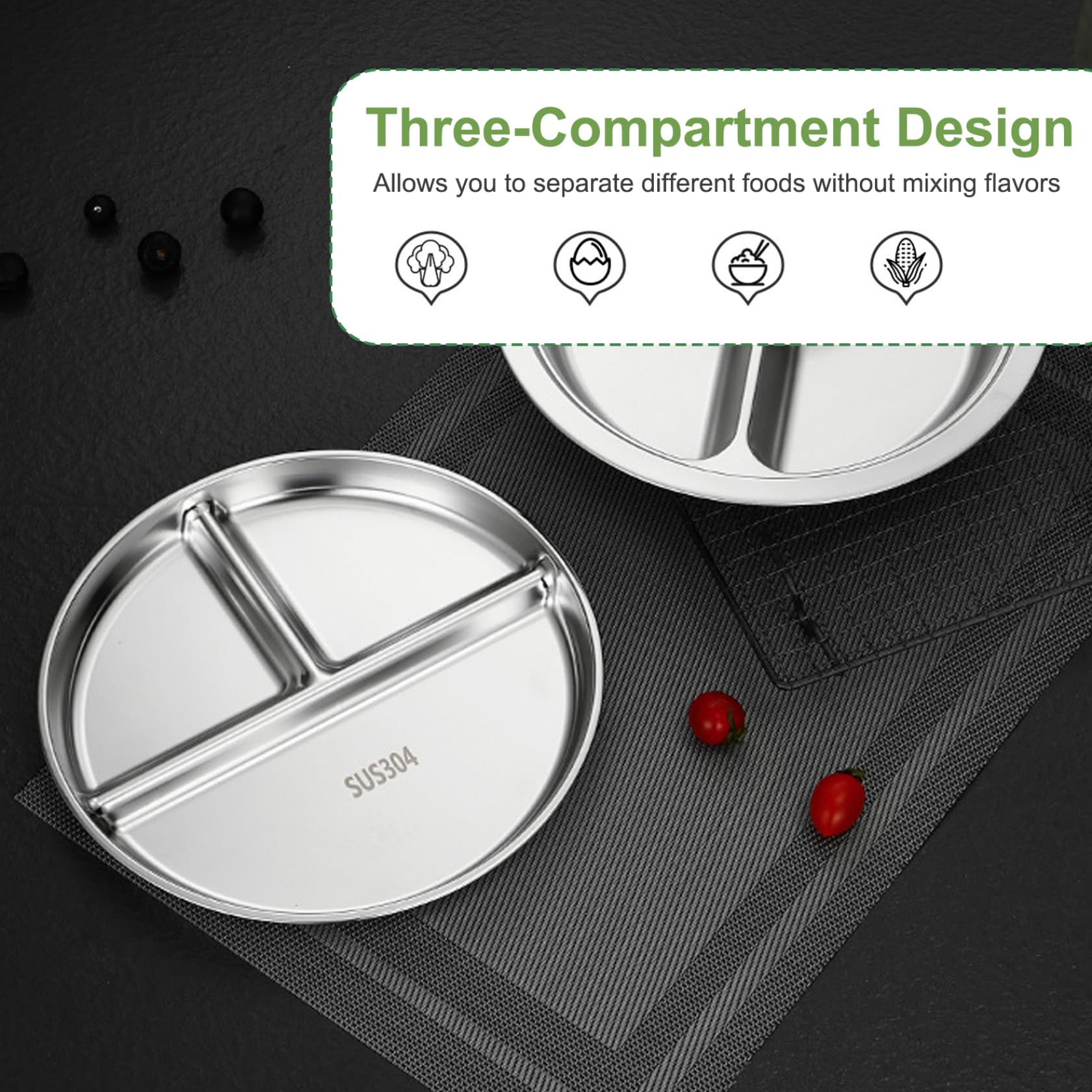 Kinderplatten für Essen aus Edelstahl Dinnerteller Drei-Kompartiment-Teller Ein leicht zu blockierter Portionskontrollteller für Kinder Erwachsene Camping Mittagessen 2pcs 8.9x8.9x0,7 Zoll