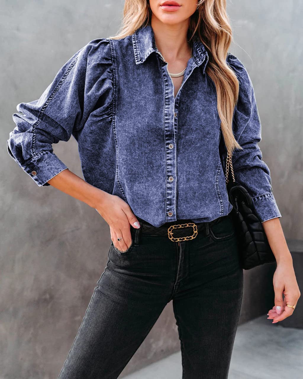 Blouse Femme Chemisier en Jean pour Femme Style Punk Vintage Froncé Manches Longues Bouffantes Tendance Col Boutonné Col en V Délavé Tunique Automne Ample Streetwear