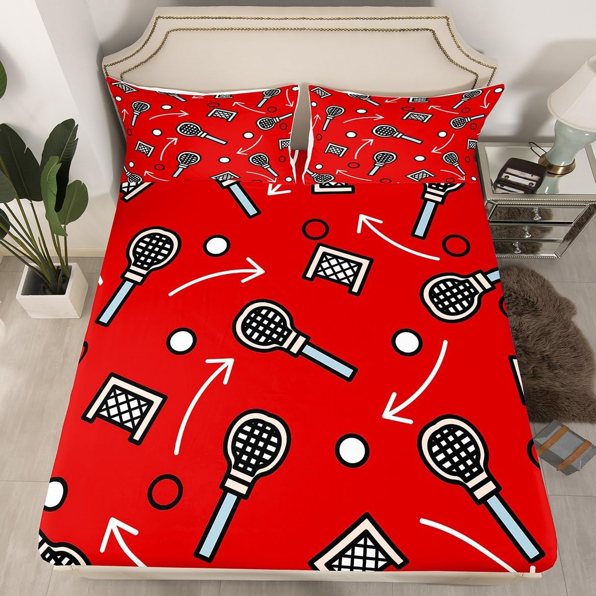 Erosebridal Lacrosse Bed Sheets Full Size Ball Game Fitted Sheet for Young Cartoon Geometric Circle Bedroom Decor Sports Sheets Navy Blue Goal Arrow Bed Set