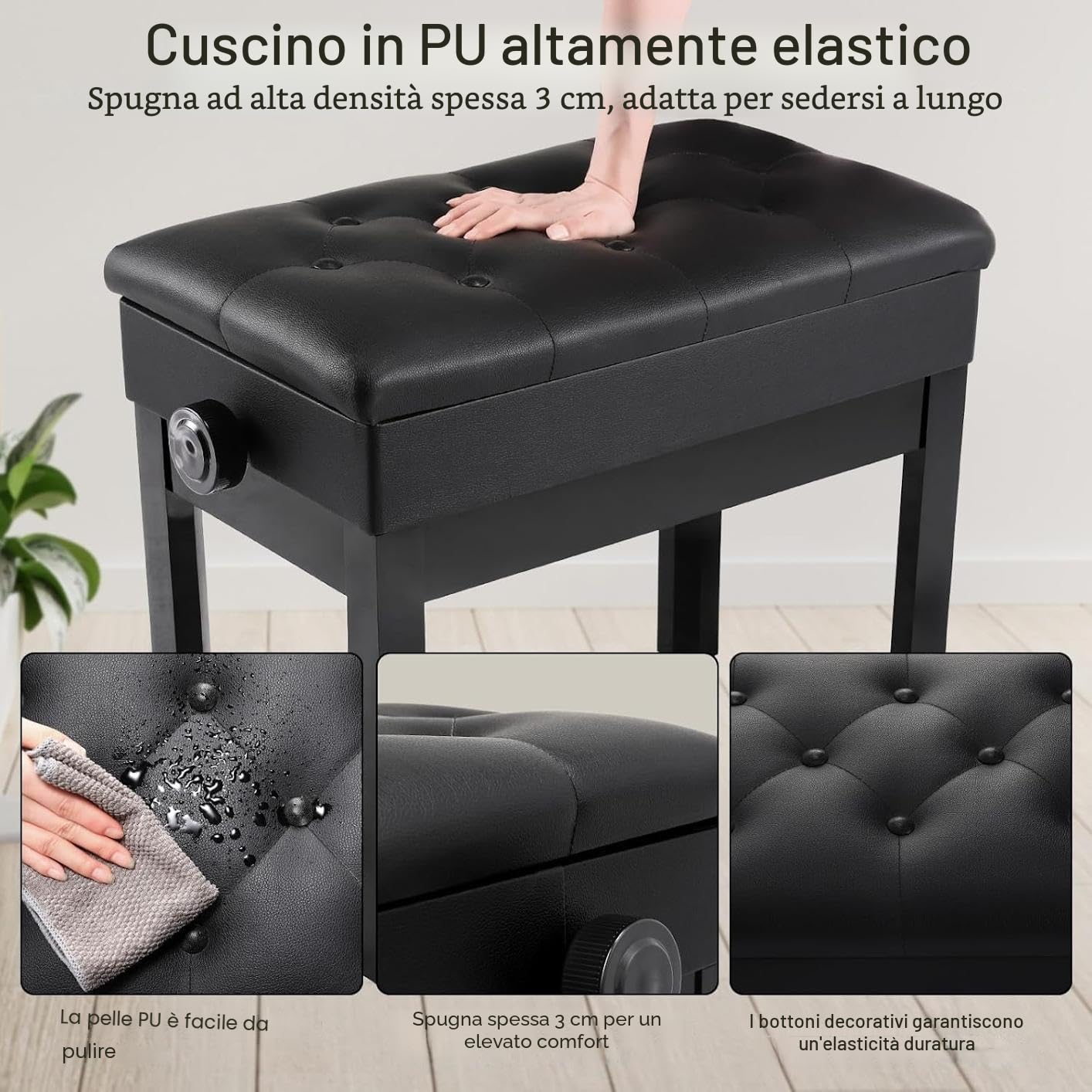 Sgabello Pianoforte Regolabile in Altezza 56x33x58CM, Panca con Spazio di Archiviazione, Carico Massimo 150KG, Nero