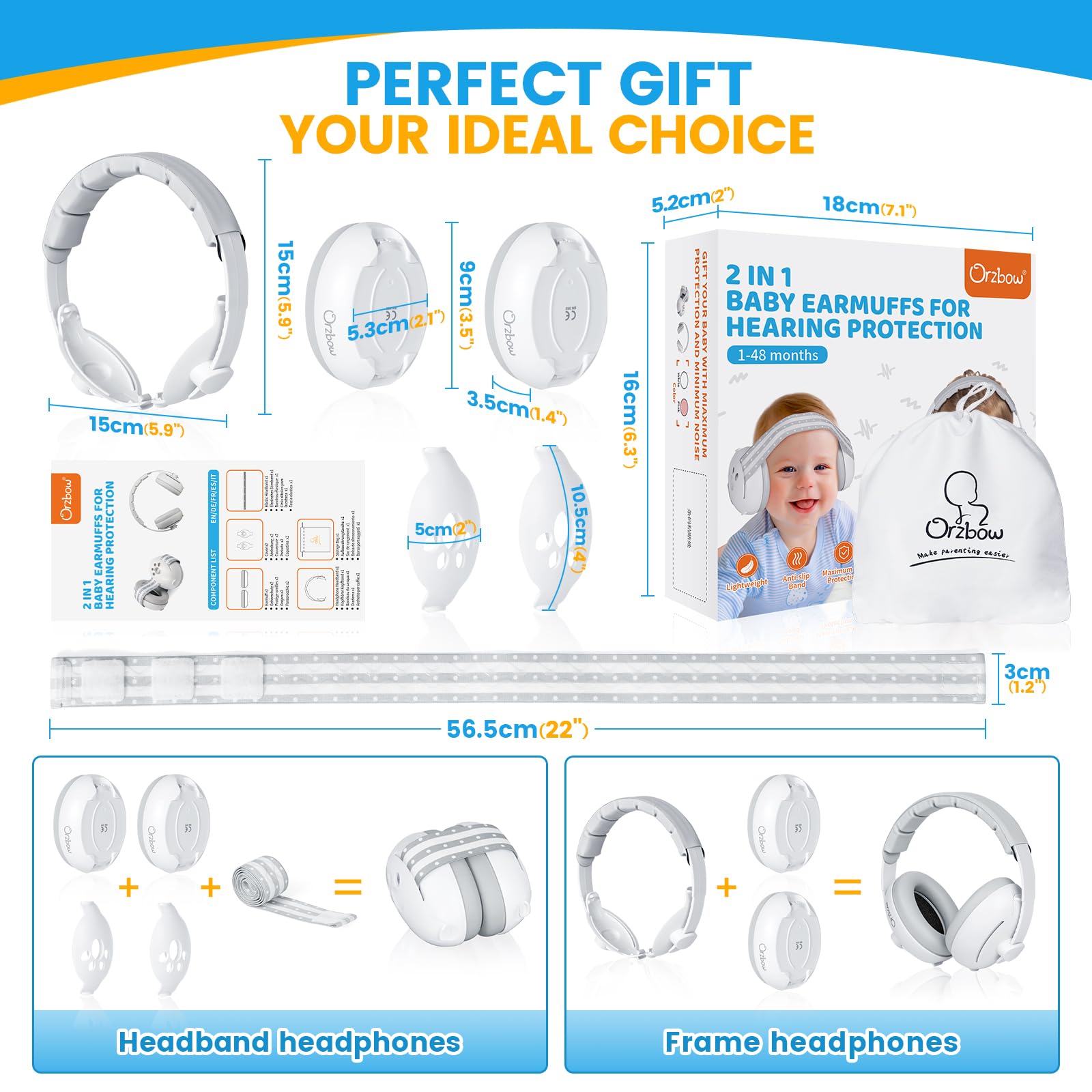 Orzbow 2-in-1 Baby Ear Muffs Noise Protection, Noise Cancelling Headphones for Babies up to 48 Months, Adjustable Infant Ear Protection with Non-Slip Band for Airplane Travel Sleep, White - 5