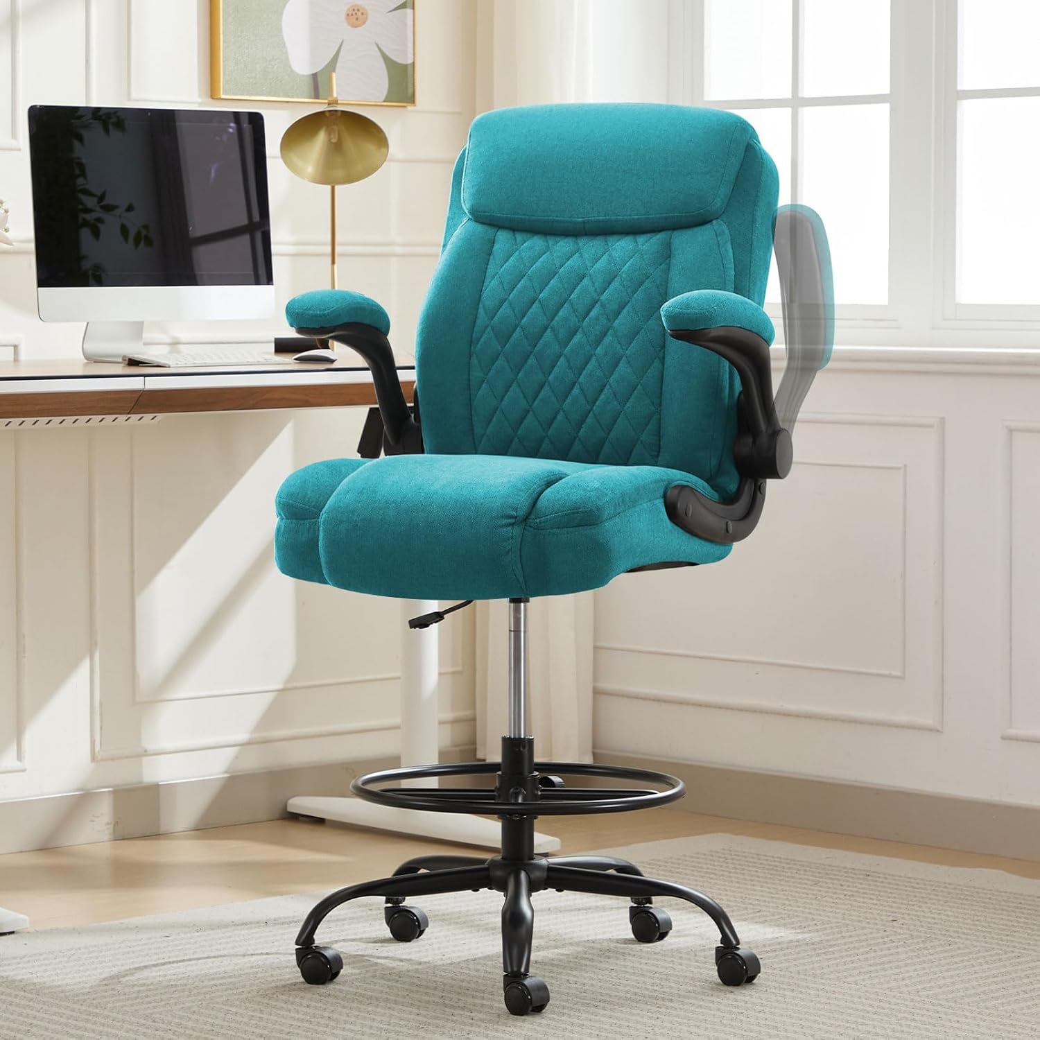 MAHOMICO Drafting Chair for Standing Desk – Tall Office Chair with Adjustable Height & Foot Ring, Flip-Up Arms, Lumbar Support – Comfortable Fabric Seat, Ideal Home Desk Chair