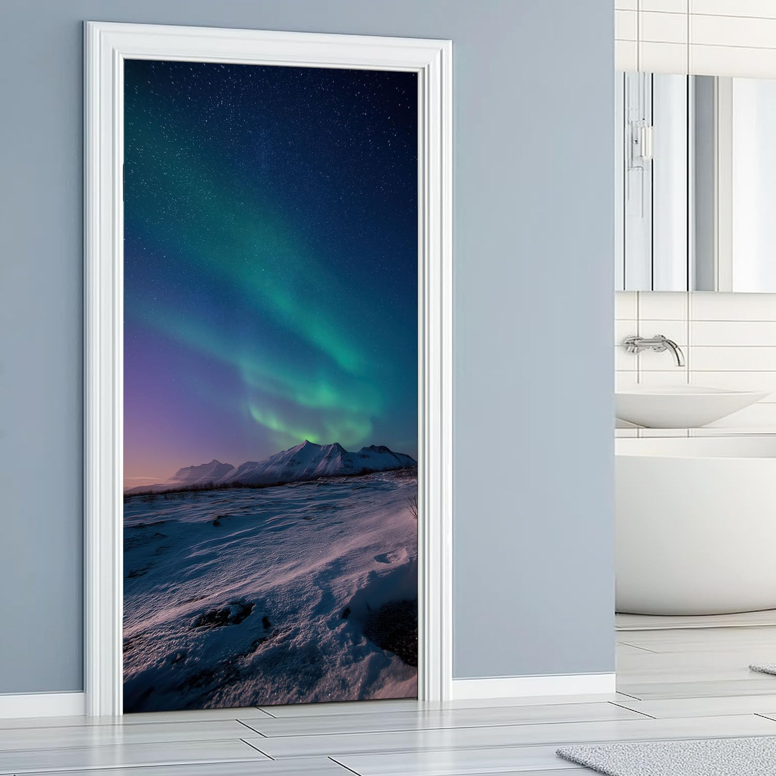 Papel pintado autoadhesivo para puerta, paisaje natural, póster para puerta, pegatina para puerta, montaña cubierta de nieve, aurora polar impermeable, lámina de vinilo para puerta, azul oscuro, papel