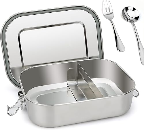 Miniatura 1 de Contenedores de almuerzo de acero inoxidable de 47.3 fl oz con tapa, caja bento de metal para adultos, cuchara y tenedor, 1 o 2 compartimentos,