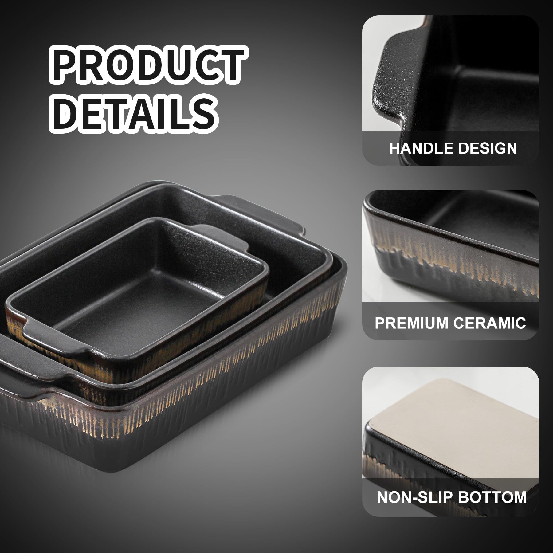 KOOV Bakeware Set Keramik Backform Rechteckige Backformen Set Auflaufform zum Kochen Kuchen Abendessen Küche 30.5 cm x 21.6 cm 3-teilig Stripe Serie (Rohschwarz)