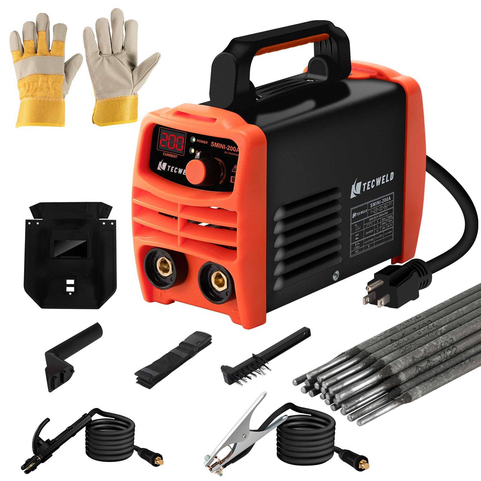 200A Soldador de varilla 110V, mini máquina de soldadura portátil con control sinérgico, visualización digital, arranque caliente, fuerza de arco, antiarañazos, incluye casco, guantes, 20