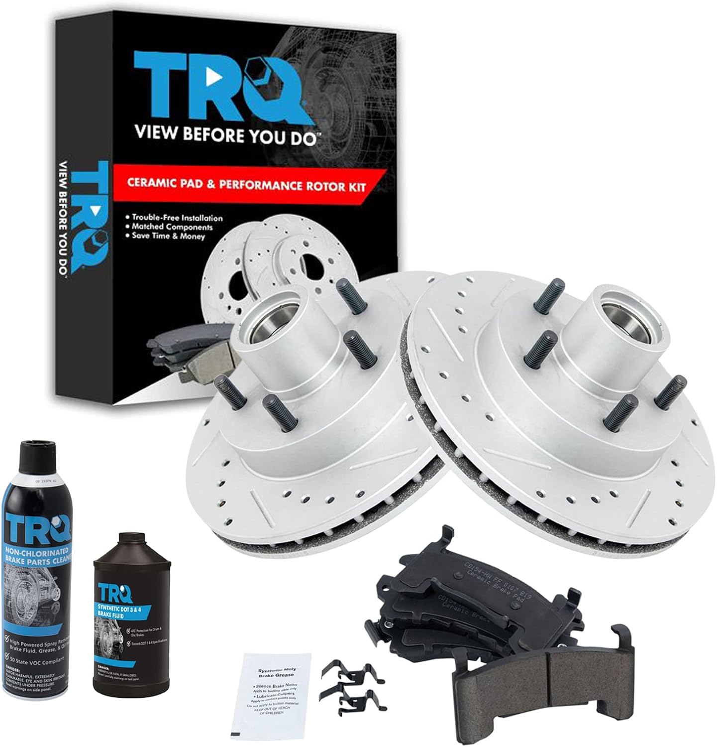 TRQ Front Brake Pad & Rotor Kit Ceramic Performance Premium G-Coated Slotted X Drilled Compatible with 95-97 Blazer 96-00 Hombre 92-97 Jimmy 94-02 S10 91-94 S10 Blazer 91 S15 Jimmy 94-03 Sonoma