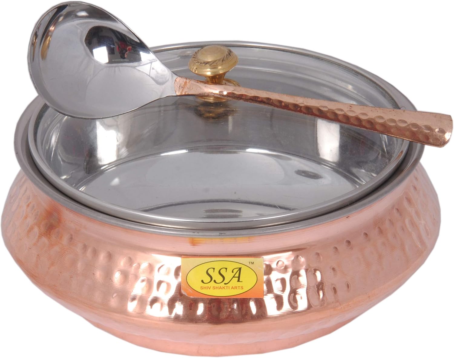SHIV SHAKTI ARTS Hammered Steel Copper Casserole Donga Bowl Handi with Glass Lid with Spoon,Handmade,Tableware and Serveware,1200 ml::Set of 1