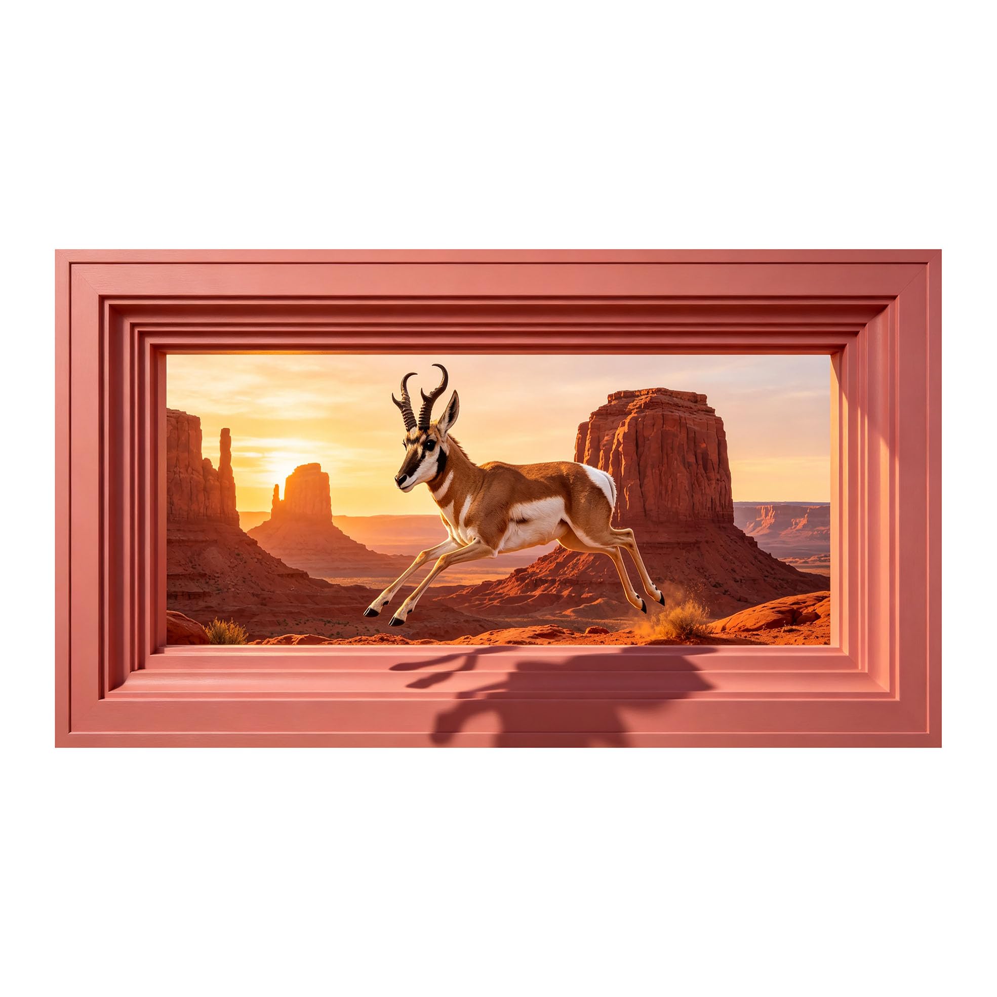 Yzpallescene 3D Framed Wall Art 50cm×100cm Antelope Western Desert Sunset Window View Panoramic Large Size SelfAdhesive Removable Wall Decor Prints Artwork for Living Room Bedroom Office