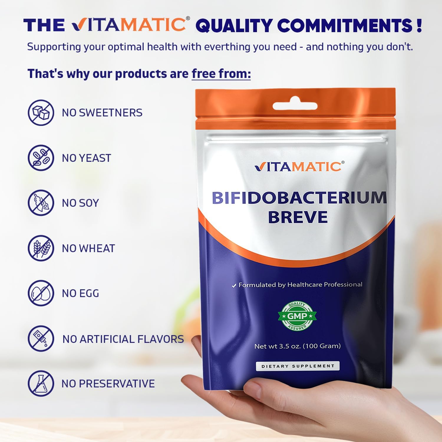Vitamatic Bifidobacterium Breve Probiotic Powder - Digestive Health Support - 100 Gram (3.5 OZ) - 100 Servings