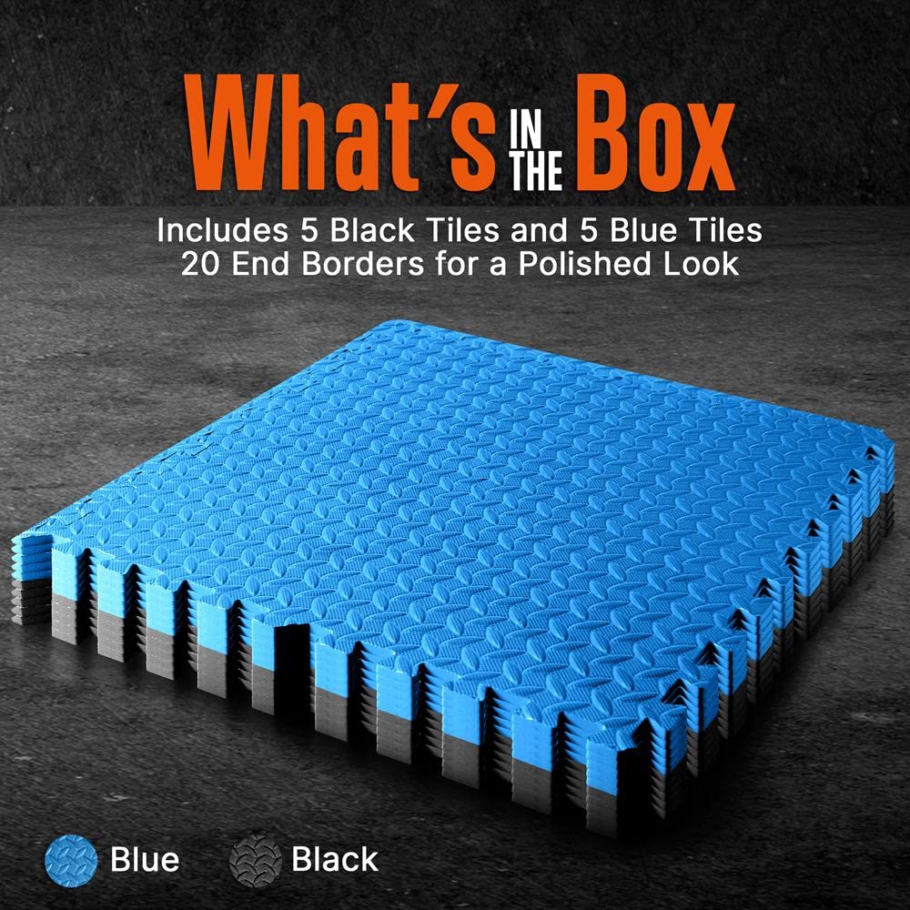 Thick Puzzle Exercise Mat, 10 Pcs EVA Foam Interlocking Tiles Protective Flooring for Gym Equipment and Cushion for Workouts, Durable Non-Skid Texture, Easy to Assemble, Blue and Black