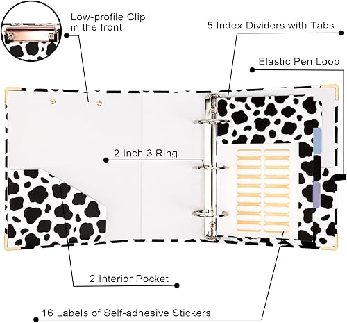Miniatura 4 de EYROZILL Mini carpeta de 3 anillas, 5.5 x 8.5 pulgadas, 2 pulgadas, estampado de vaca