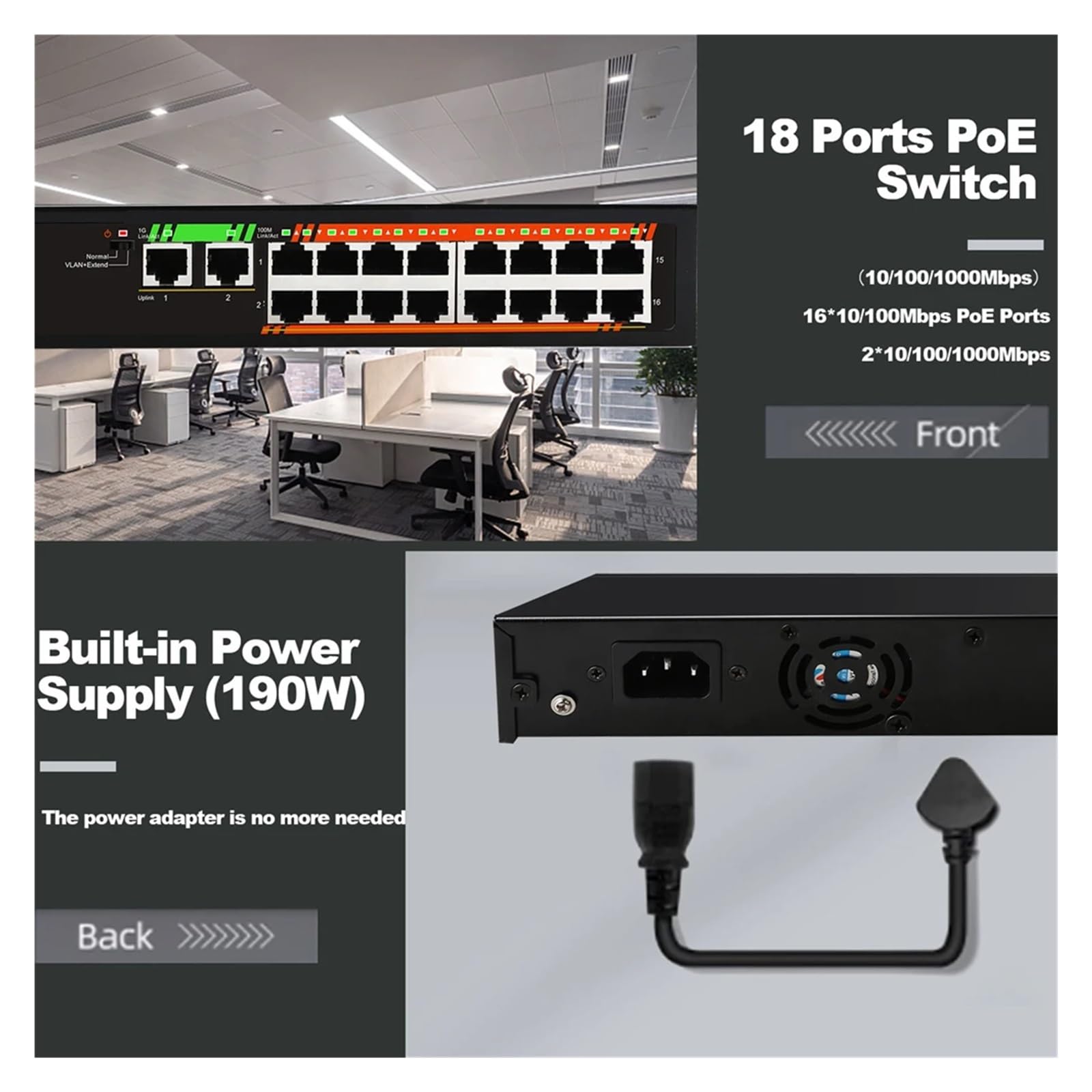 Conmutador de Red de 19 Puertos Puerto PoE de 16 * 100 Mbps + 2 Puertos de Enlace Ascendente de 1000 Mbps + 1 Puerto SFP de 1000 Mbps 48 V