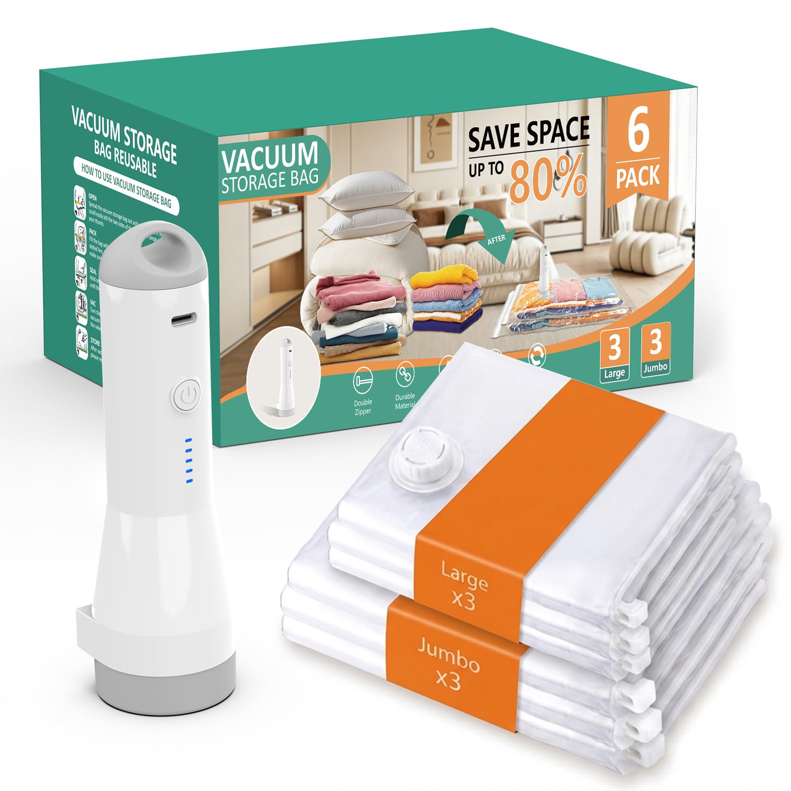 LKV Vacuum Storage Bags with Wireless Electric Pump for Travel, 6 Pack
