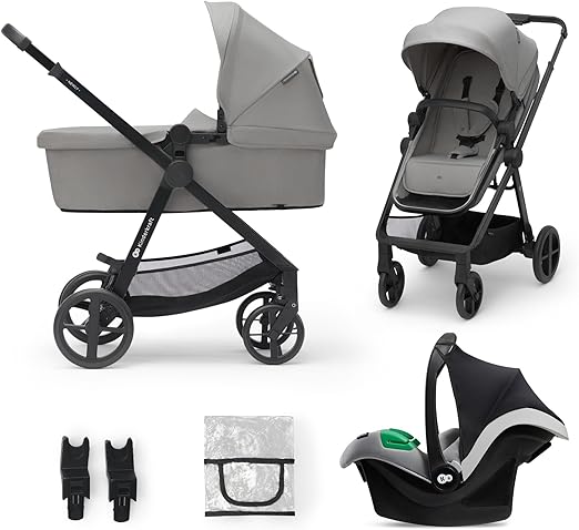 Kinderkraft NEWLY 3 in 1 Trio passeggino neonati, con Ovetto I-SIZE 40-75 cm, Carrozzina, TRAVEL SYSTEM, filtro UPF50+, Con Accessori, Pieghevole, Schienale regolabile, Grigio