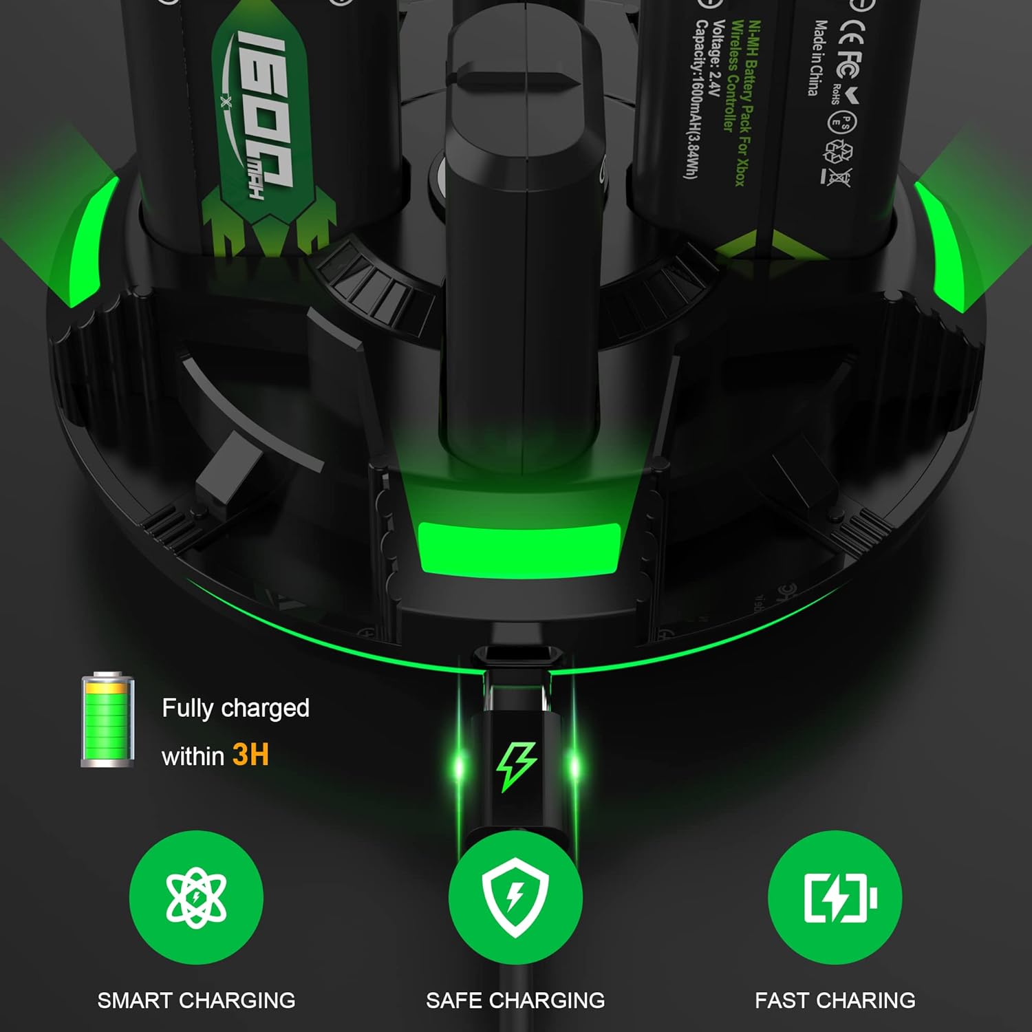Rechargeable Xbox One Battery Charger Station,with 4 x 1600mAh Controller Battery Pack USB Charger for Xbox Series X|S, Xbox One S/One X/One Elite Controllers-Accessories Kit for Xbox One