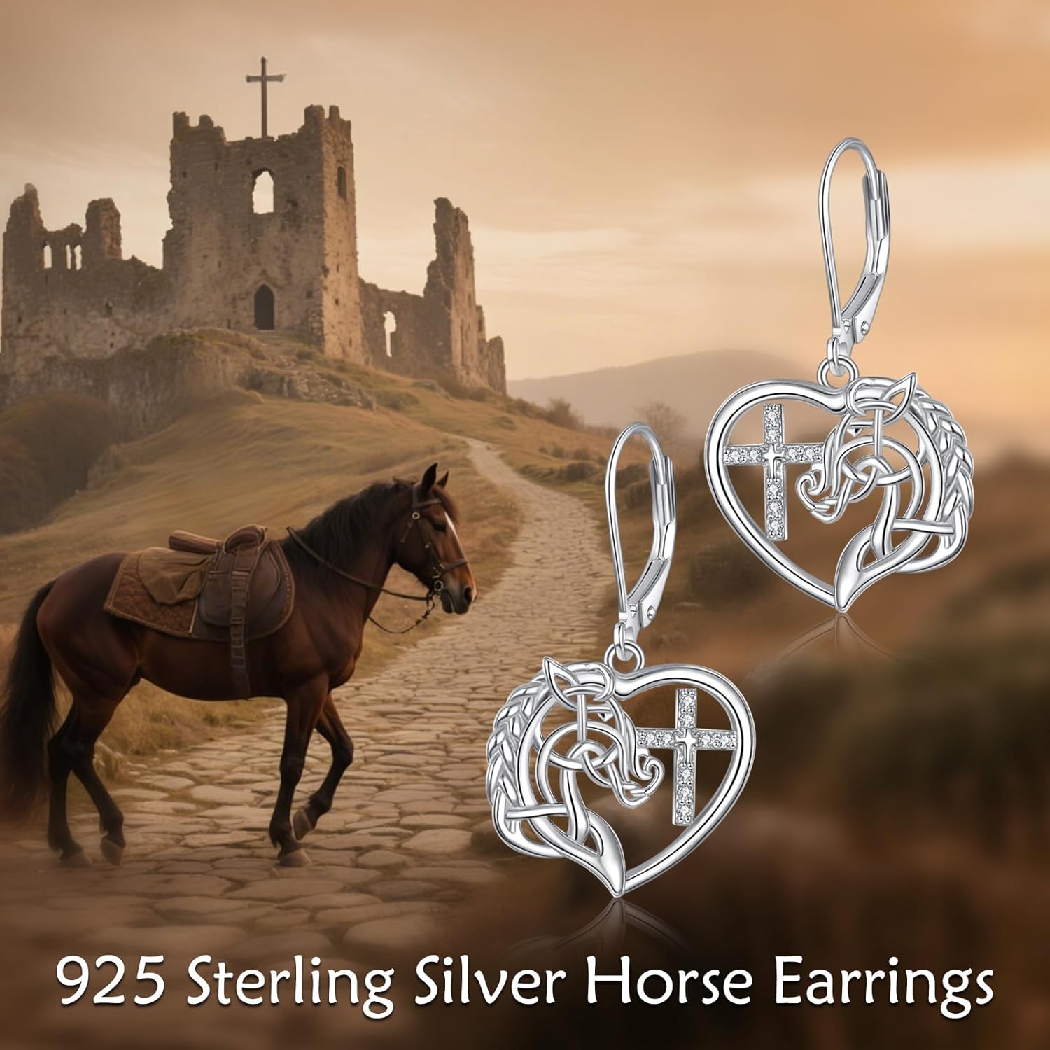 URONE Cross Horse Earrings 925 Sterling Silver Heart Cross Horse Dangle Earings Jewelry Good Luck Gifts for Women - Image 6