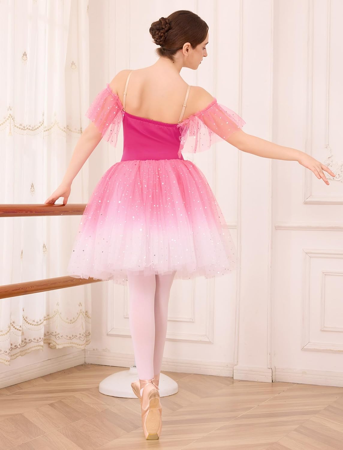 ODASDO Women’s Ballet Leotard Dress Swan Lake Performance Costume Embroidered Mesh Tulle Tutu Dance Skirt