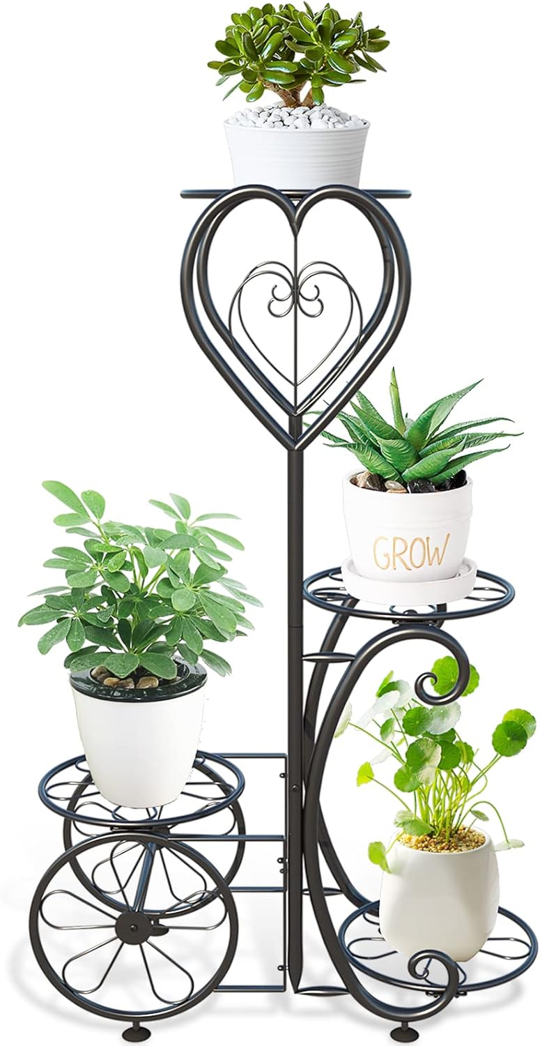 Plant Stand Indoor Outdoor - Metal 4 Tier Flower Pot Holder Display Vertical Shelves Shelf - Wrought Iron Corner Planter Rack Multiple Organizer for Garden Patio Lawn Balcony Office Black