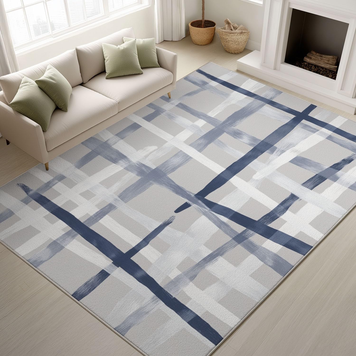 Alfombras Estampadas 120 x 180 cm, Patrón geométrico Abstracto Alfombra Antideslizantes Sombreado Cruzado cuadrícula Profundidad artística, Alfombras Lavables Despacho Pasillo, Gris Azul
