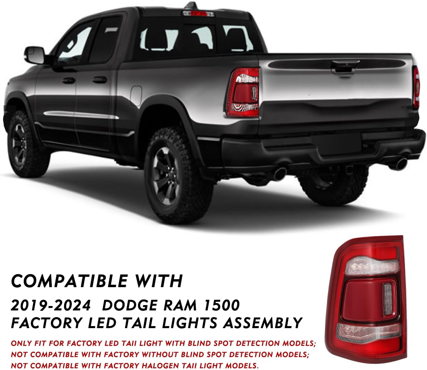 TUSDAR Factory LED Tail Light Assembly w/Blind Spot(Module NOT Included) Fit for Dodge Ram 1500 2019-2024, Rear Brake Light Red Lens Chrome Interior LED Tail Lamps Replace Driver and Passenger Side