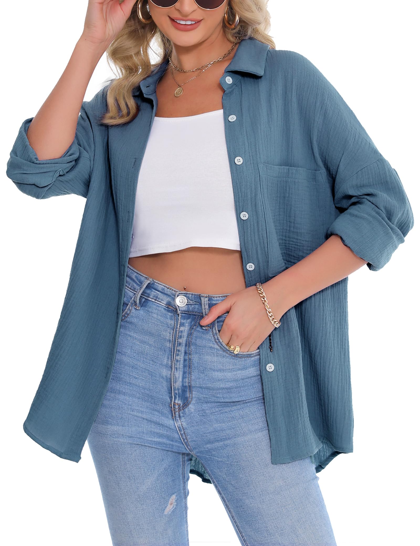 Aottori Blusas Mujer Algodón Manga Larga Blusa Camiseta Elegante Cuello en V Camisa con Botones Casual Sólido Tallas Grandes Shirts Tunic Tops