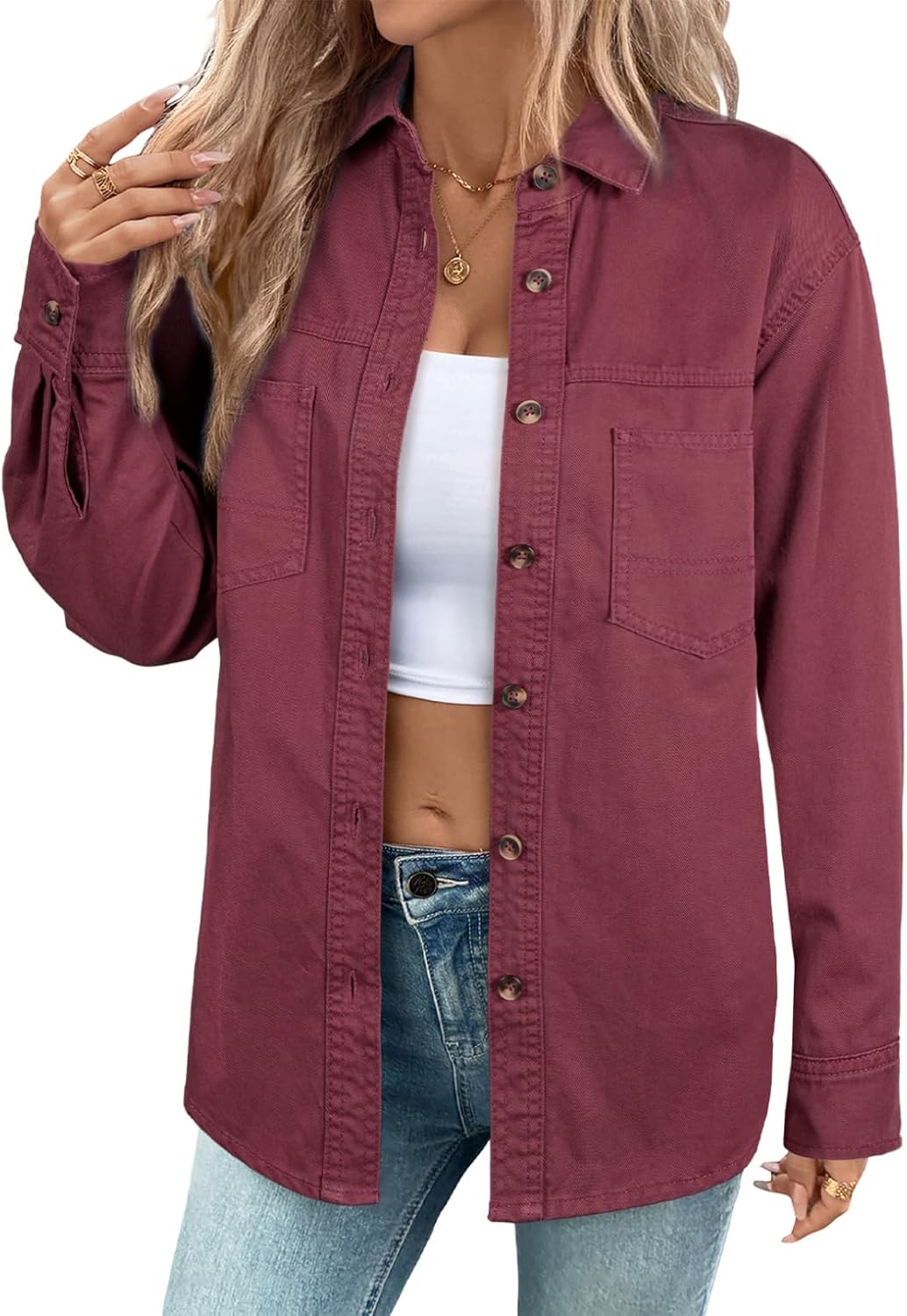 Sidefeel Women Denim Shirts Oversized Long Sleeve Button Down Blouse V Neck Casual Top Shackets