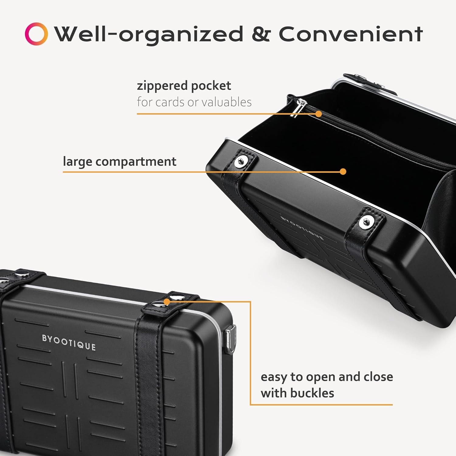 BYOOTIQUE Portable Hard Shell Aluminum Handbag with Adjustable Strap Crossbody Cosmetic Case Clutch for Women