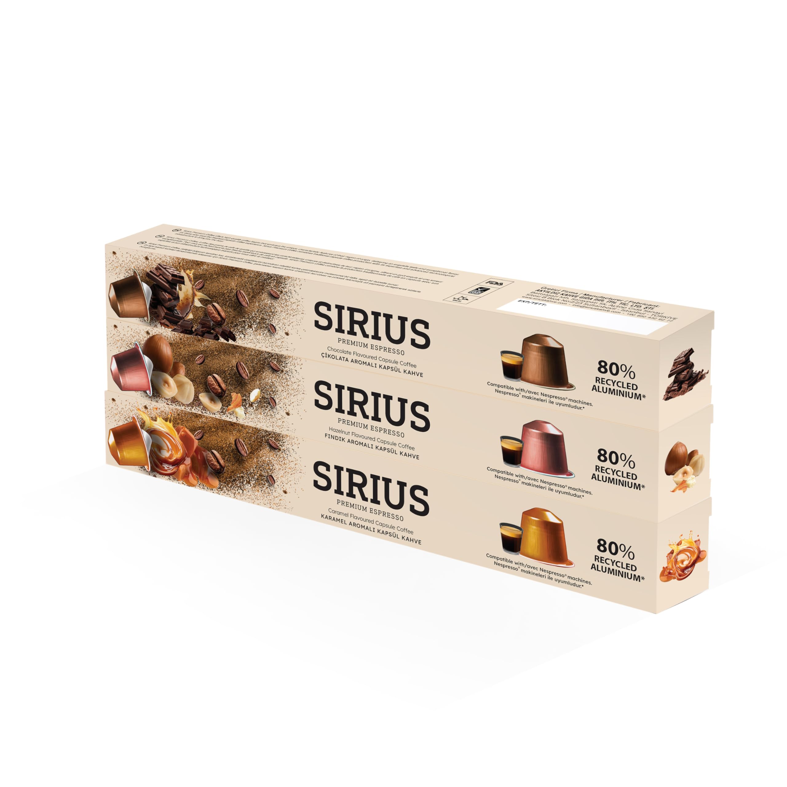 Sirius Premium Aromalı Kapsül Kahve 3'lü Set (Karamel-Çikolata-Fındık)