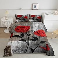 Vista 8 de Juego de edredón de rosas rojas, tamaño Queen, relleno de edredón negro y blanco degradado para adultos, juego de ropa de cama vintage de acuarela