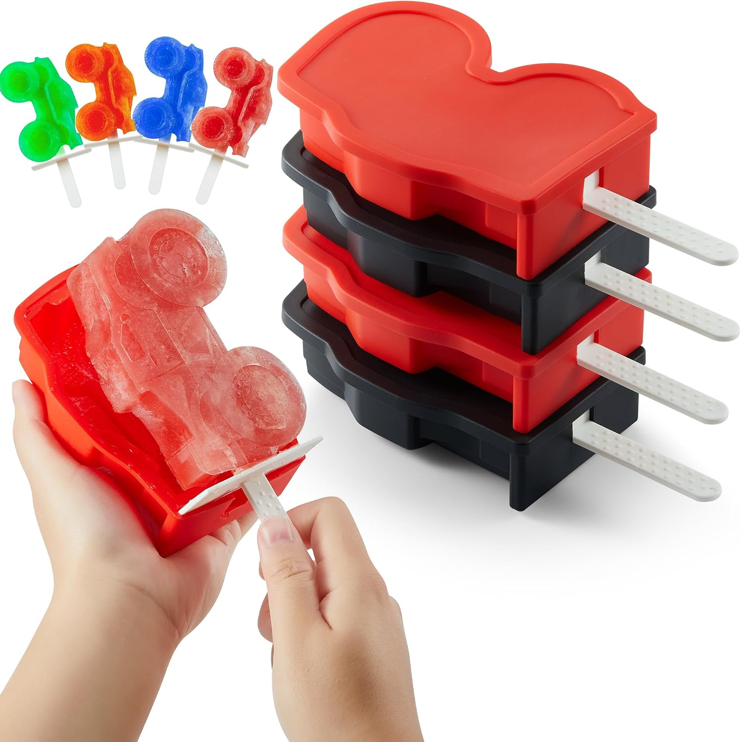 ACOOKEE Monster Truck Popsicle Molds Set of 4 (Ice Pop Mold+Sticks+Lids+Drip Guards) for Homemade Freezer Ice Pops & Frozen Snacks, Stocking Stuffers for Boys & Girls
