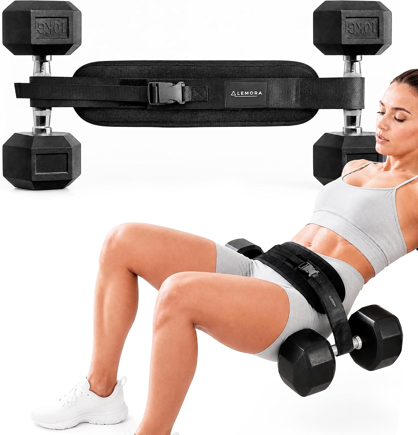 LEMORA – Hip Thrust Belt – Hip Thrust Belt for dumbbells and Kettlebells – Glute Bridge – Non-Slip Adjustable Pad for Women & Men, Up to 400 LBS