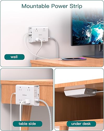 Miniatura 7 de Addtam - Regleta protectora de sobretensiones de 15 pies, cable de extensión de enchufe plano con 4 cargadores de pared USB (2 puertos USB C),