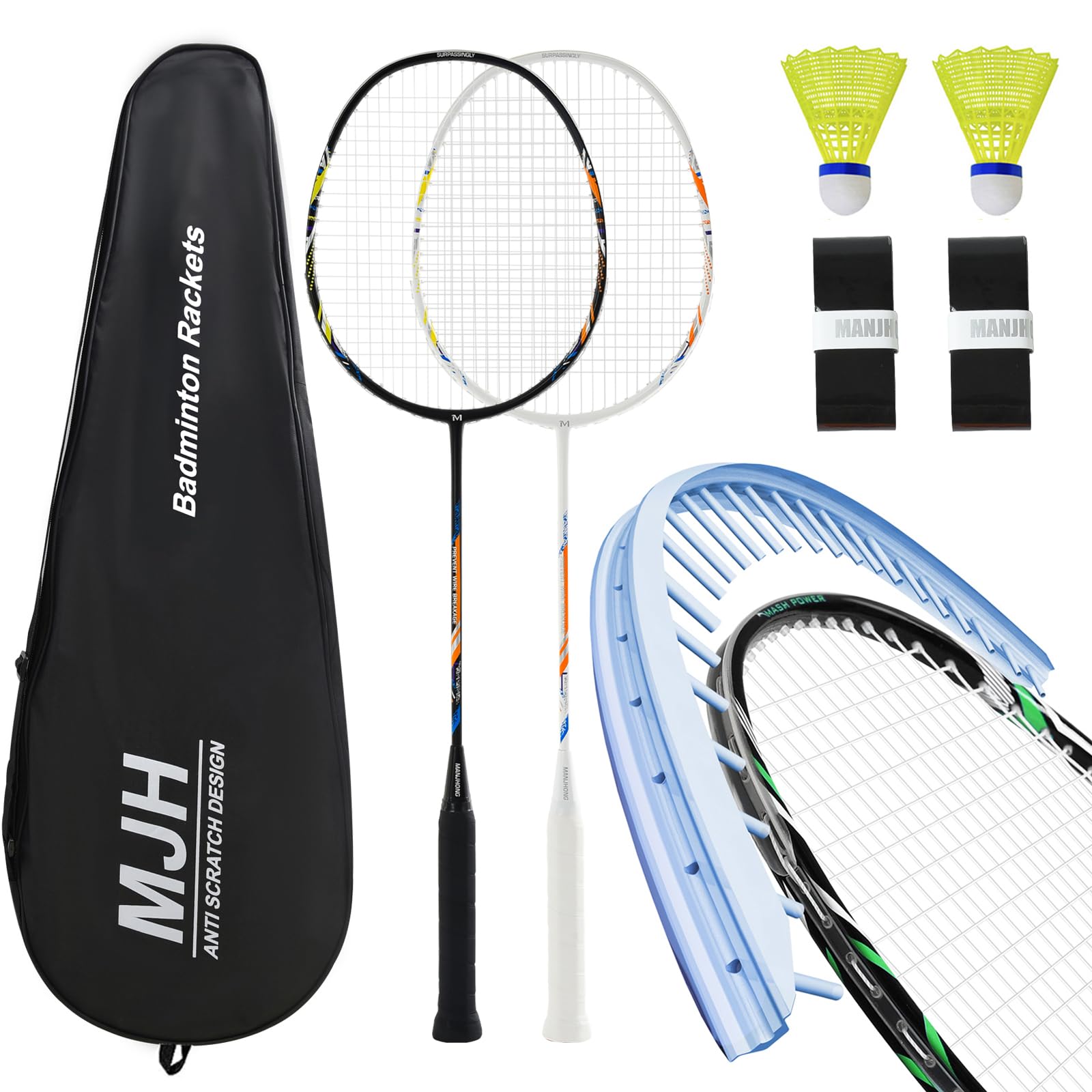 MANJHONG Badminton Set with 2 Graphite Rackets - Anti Scratch Design - Badminton Racket Set for Adults, Incl. Shuttlecock, Grip Tape & Racquet Bag, Black+White