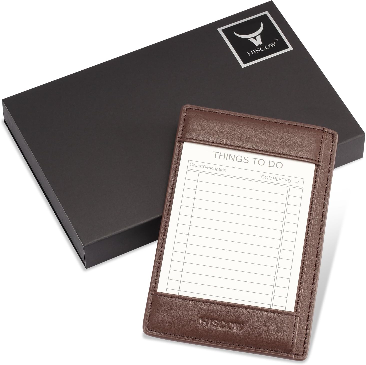 HISCOW Italian Leather To Do List Notepad & Pocket Notebook - 3x5 Memo Pad with Secure Pen Holder, Refillable Note Jotter Organizer for Work & Travel, Brown