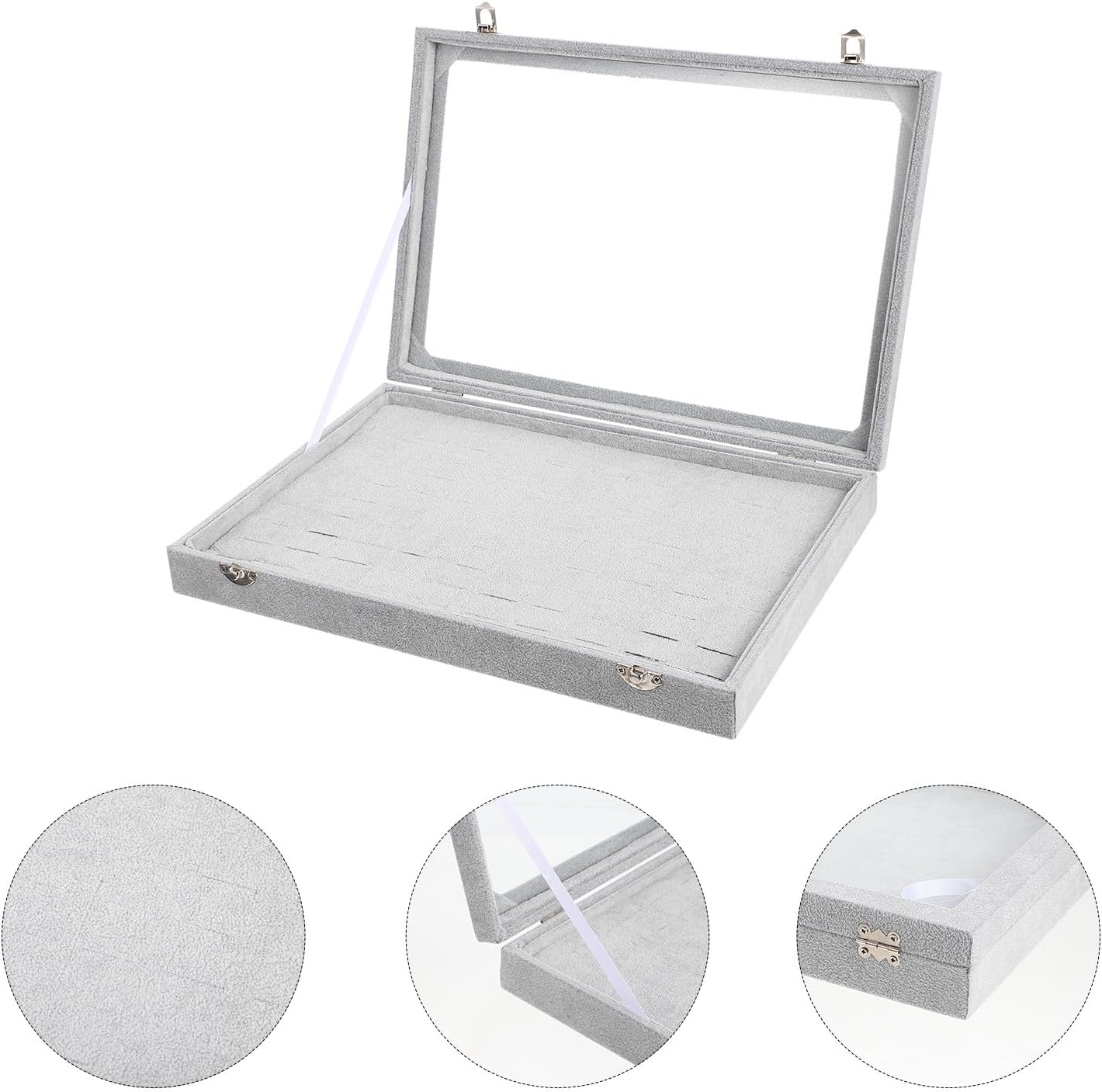 Alipis Ring Display Organizer Tray with 100 Slots, Gray Velvet Jewelry Storage Box with Glass Lid, Ring and Earring Holder for Home and Boutique Showcase
