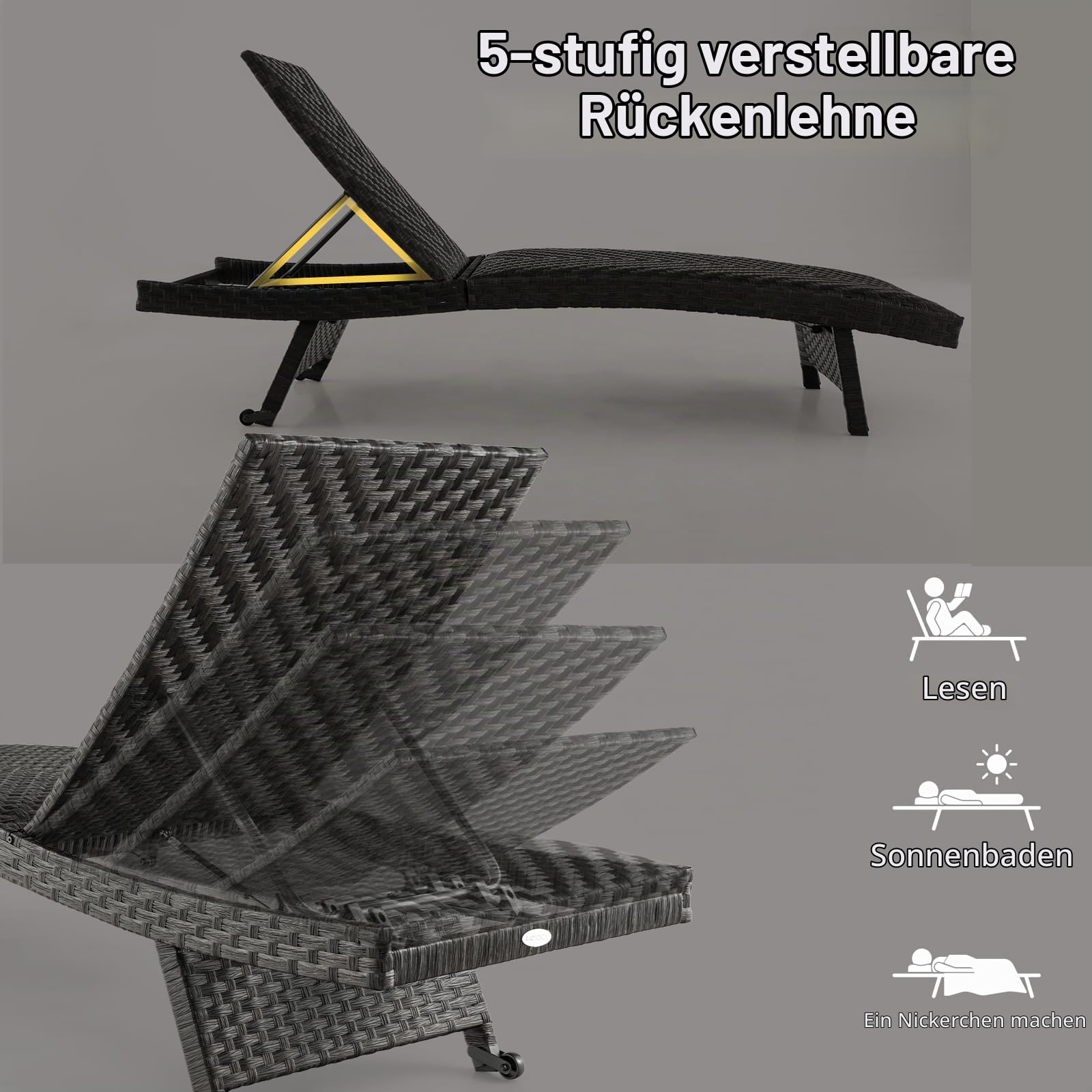 LIFEZEAL Klappbare Gartenliege Polyrattan, Relaxliege Sonnenliege mit 2 Rollen, Liegestuhl mit 5-Fach Verstellbarer Rückenlehne, Wetterfeste Rattanliege für Garten, Balkon und Terrasse, bis zu 150 KG