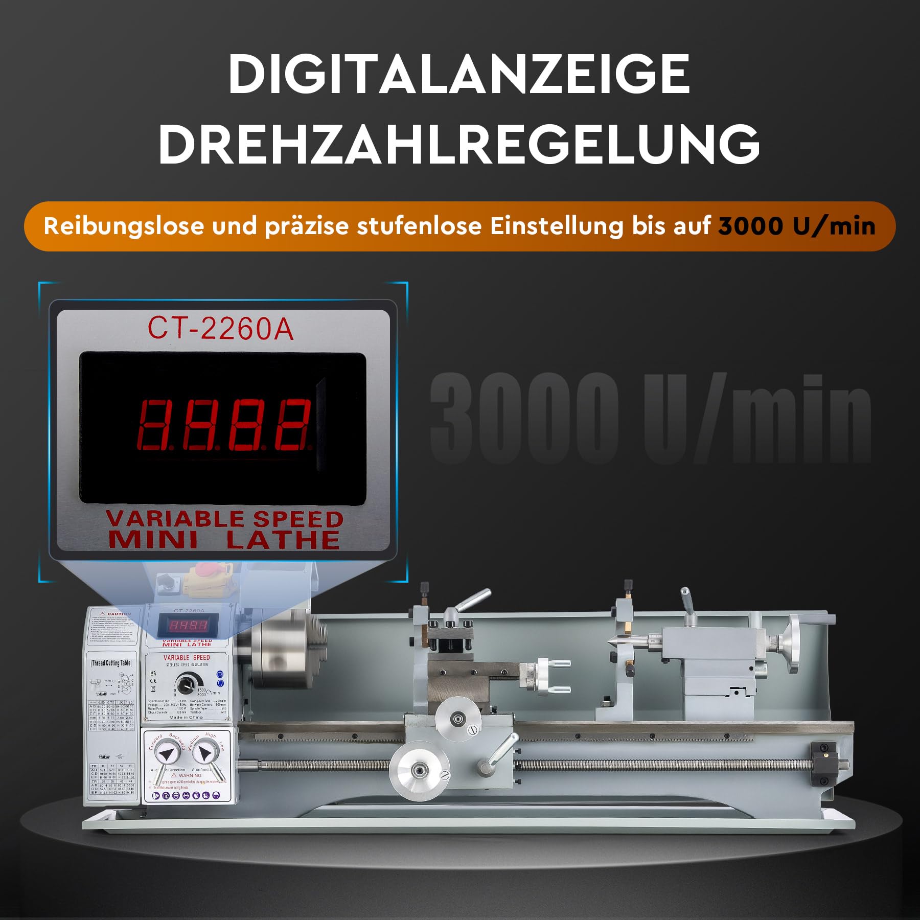 CREWORKS Mini-Drehmaschine 9 x 24 Zoll mit 3-Backen-Futter und 3000 U/min Mini-Metalldrehmaschine 220x600MM mit LCD-Display, 1100W Drehbank Metall für Heimwerker-Metallverarbeitung und Handwerk