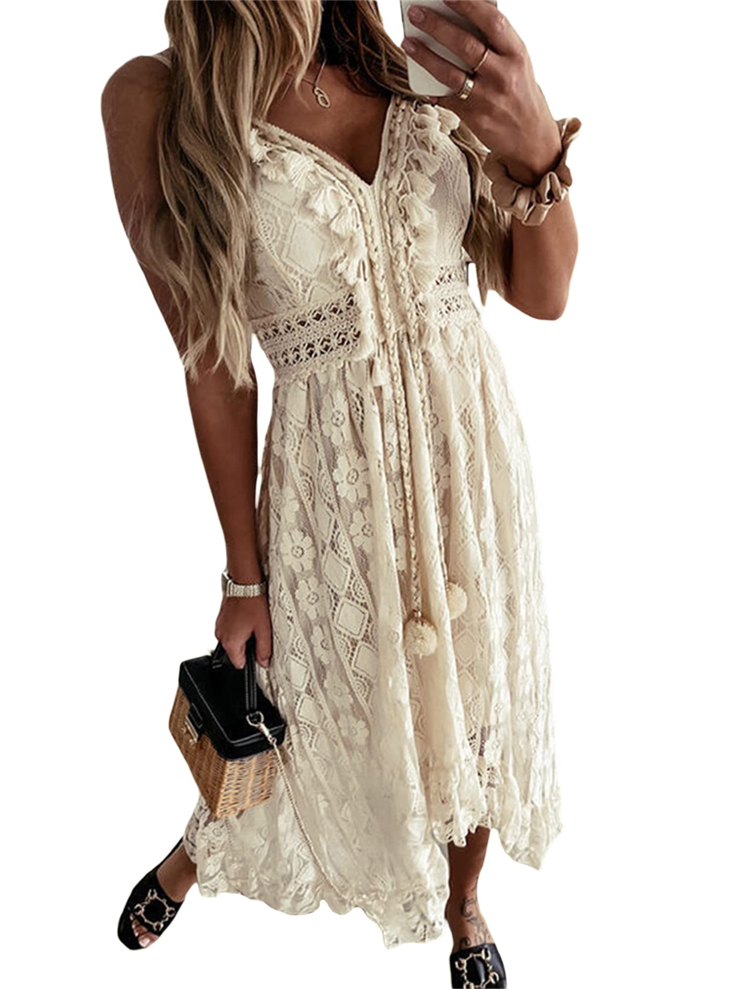 Geagodelia Cache-Maillots de Bain Bikini Longue Décolleté col en v en Bretelle Robe de Plage sans Manches Imprimée Florale Franges Transparent Maxi Ample Beachwear