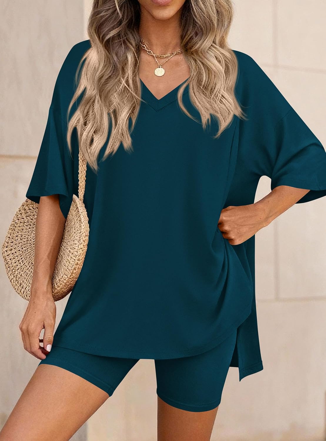 PRETTYGARDEN 2 Piece Sets for Women Summer 2026 Lounge Short Set Spring Matching Biker Shorts V Neck Oversized Shirt Clothing