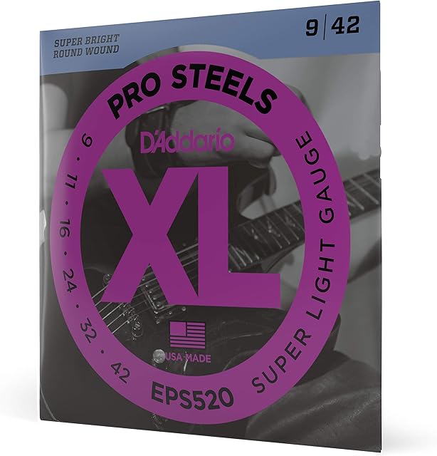 D'Addario Guitar Strings - ProSteels Electric Guitar Strings - Round Wound - Brighter, Crunchier, Increased Sustain - EPS520 - Super Light, 9-42