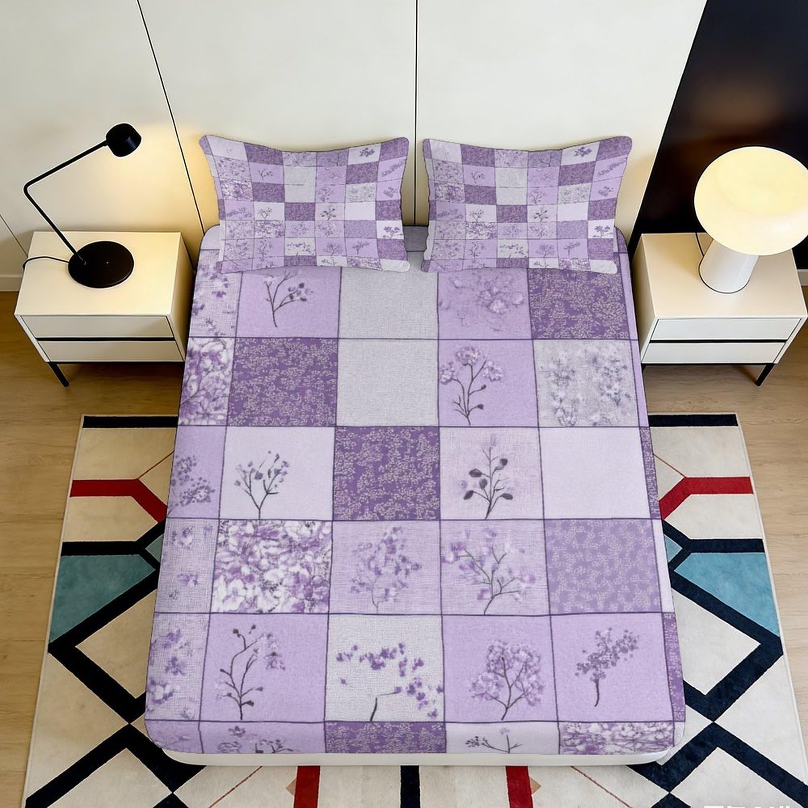 Dhbaneiok Style-4 3D Printed Purple Patchwork Fitted Sheet Microfiber Soft Floral Geometric Bed Cover For Bedroom Guest Room Dorm Mattress Protection Decor 90X200x25cm