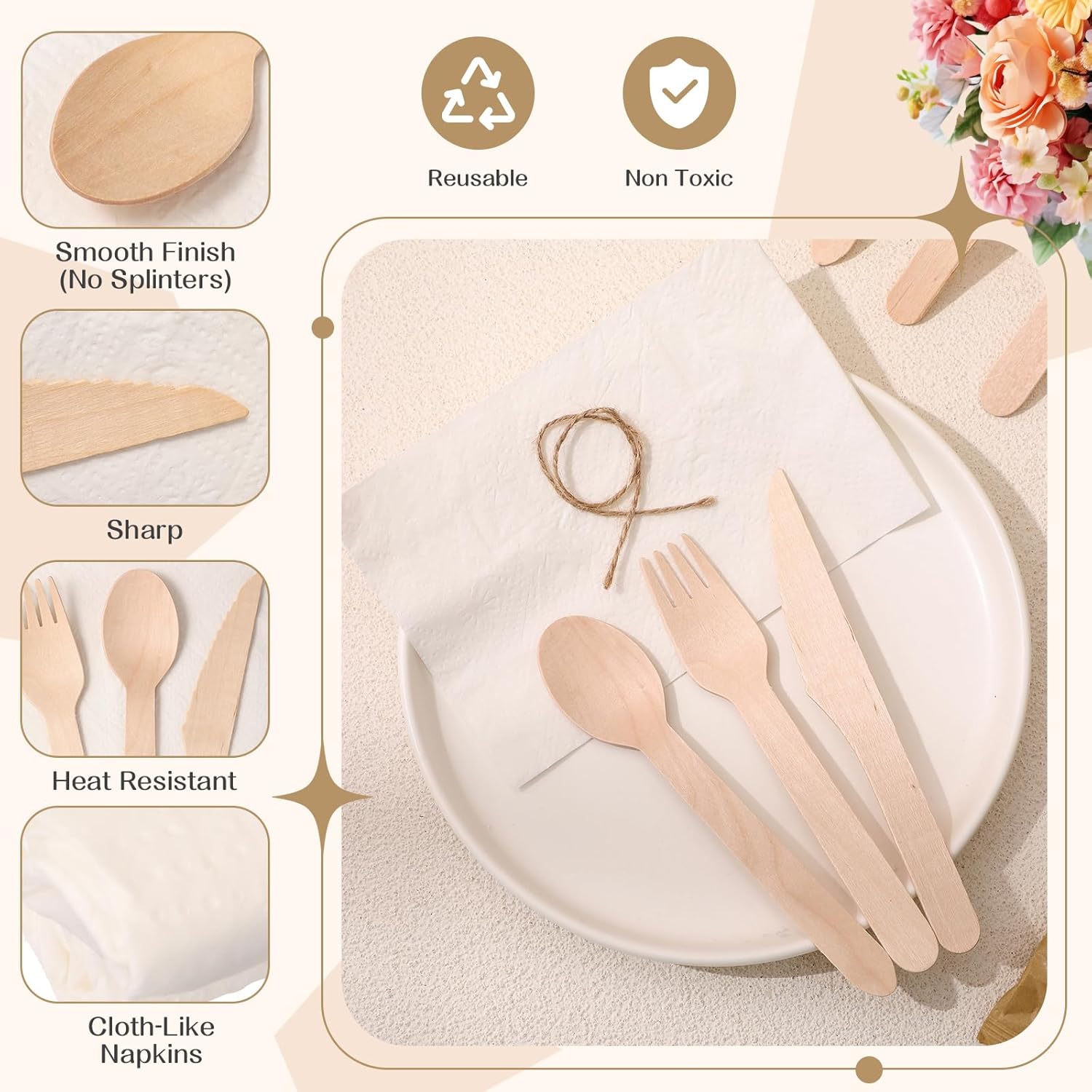 Zhehao 60 Pack 240 Pcs Wrapped Silverware Set Disposable, Pre Rolled Wooden Cutlery Set Individually Wrapped, Compostable Wood Utensil with Napkins Forks Spoons Knives for Wedding Party Event