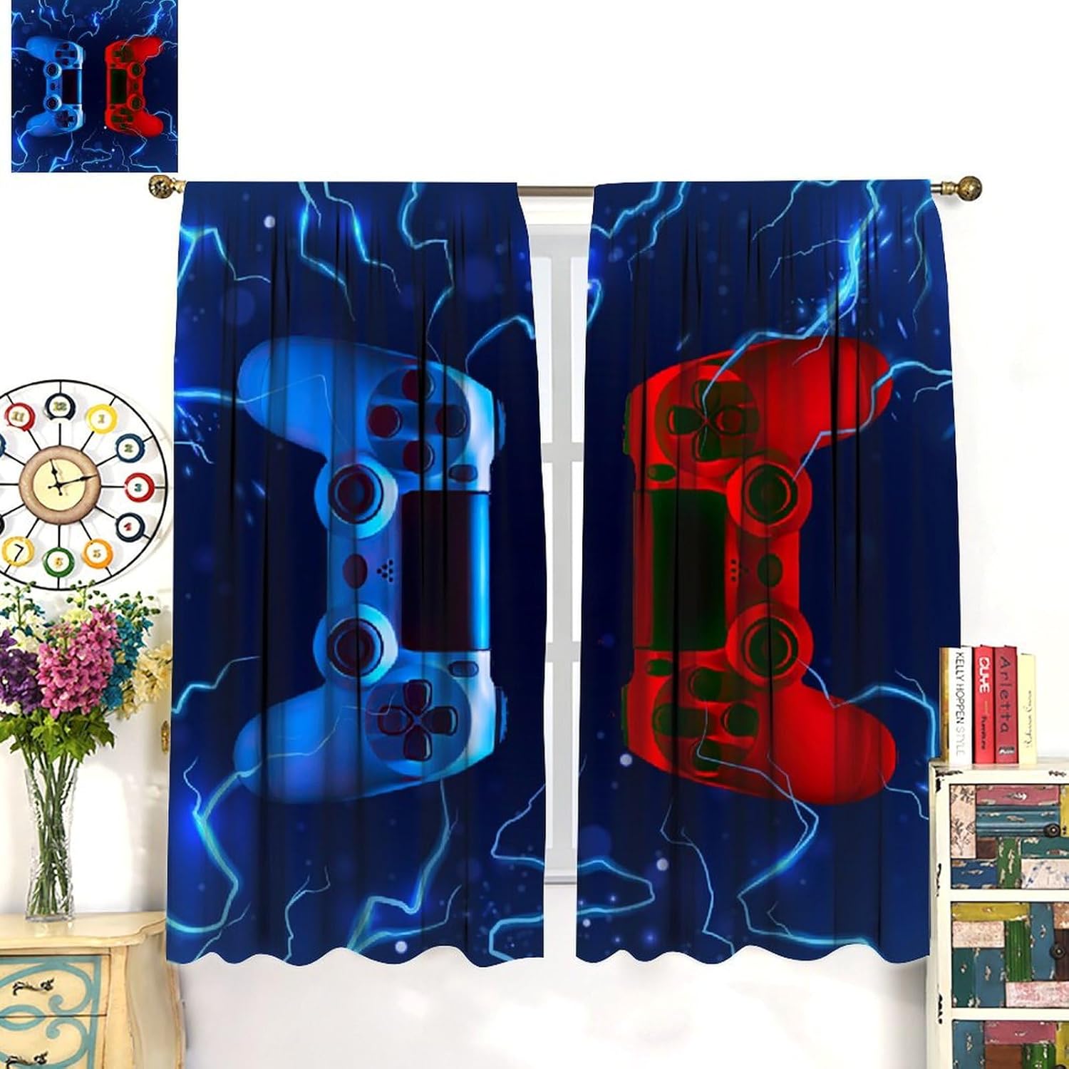 Modern Game Curtains, Video Games Blackout Window Curtains for Boys Bedroom 3D Red Blue Gamepad with Lightning Blackout Window Treatments for Kids Gamer Room Living Room, 55x63in