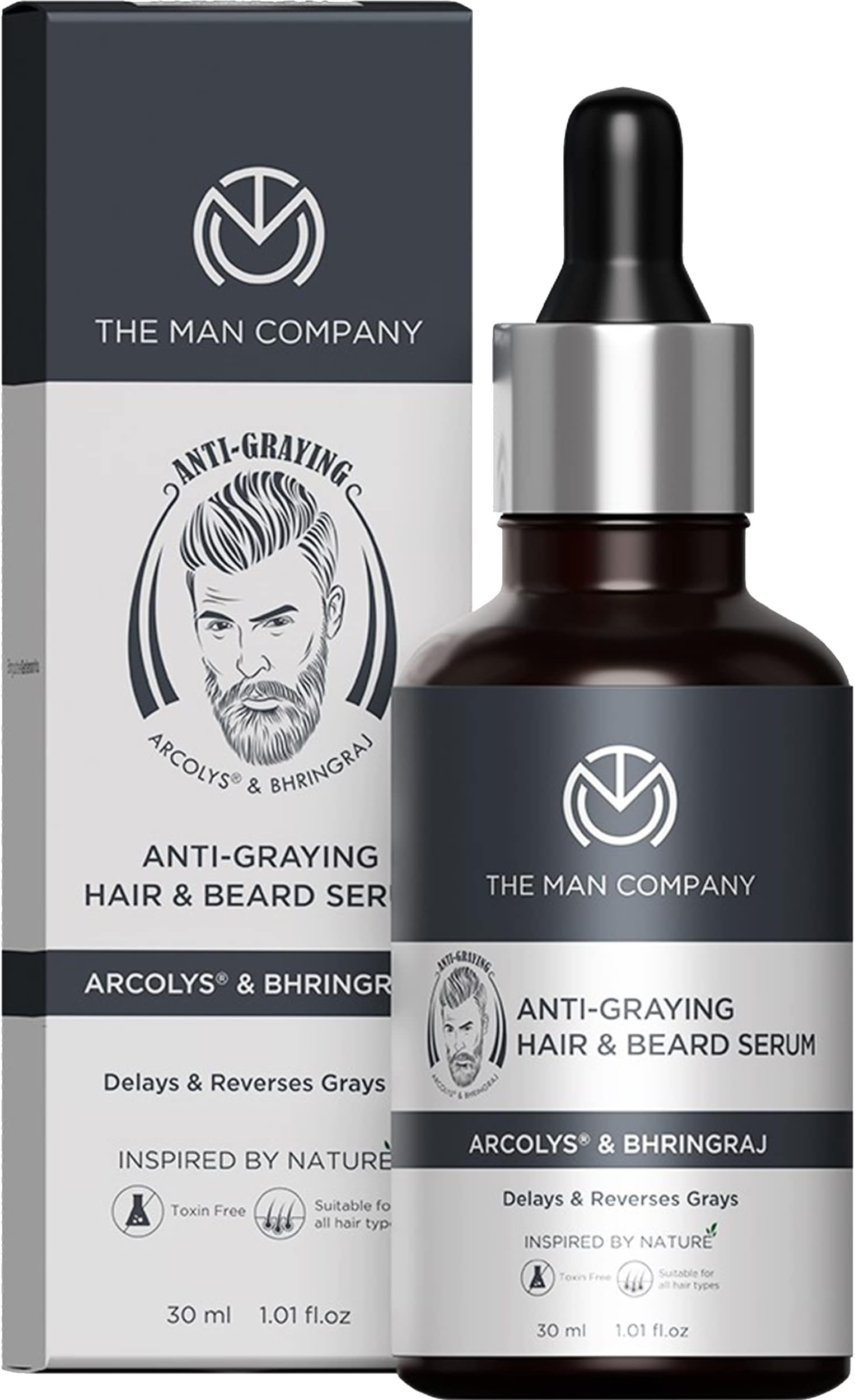 The Man Company Anti-Graying Hair & Beard Serum for Man Enriched With Bhringraj, Arcolys & Shikakai | Hair Shine & Nourishment | Delay & Reverses Grays | Strengthen Roots| For All Hair Type -30Ml