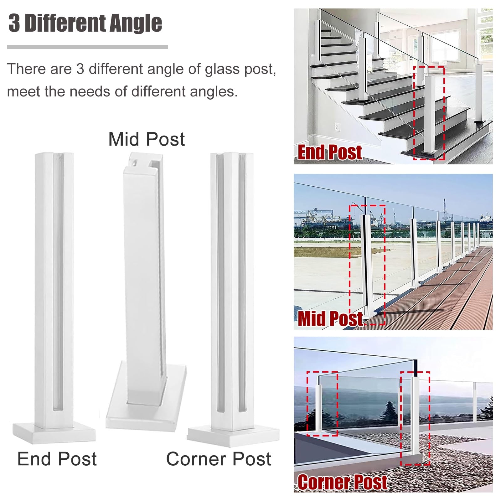 Kit de postes de barandilla cuadrada para paneles de 10 mm/12 mm, valla de acero inoxidable para escalones, balcones, grapas de diciembre, diseño de escaleras de patio